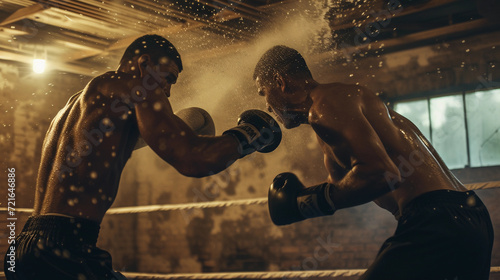 boxing scene in an old-school gym, two boxers sparring in a ring, one throwing a punch, sweat flying, the environment rugged and raw, conveying the intensity and energy of the sport photo