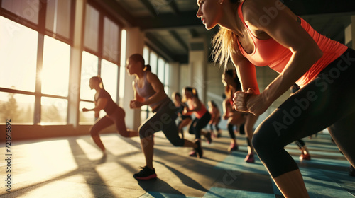 people in activewear, intensely engaged in a high-intensity interval training session in a modern, well-equipped gym, sunlight streaming in through large windows, creating dynamic shadows on the floor