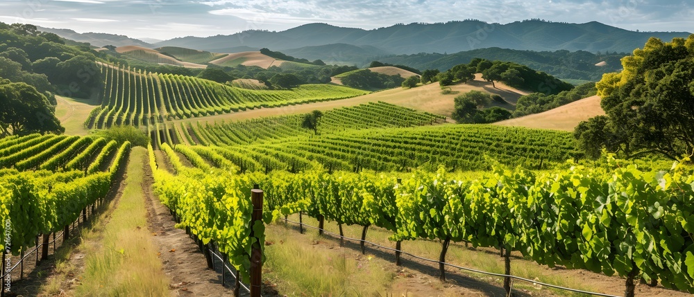 vineyard in region country, panoramic view of a lush vineyard, with rows of grapevines stretching into the distance against a backdrop of rolling hills