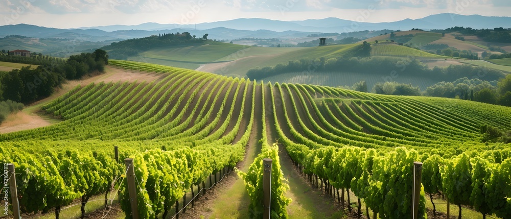 vineyard in the morning, panoramic view of a lush vineyard, with rows of grapevines stretching into the distance against a backdrop of rolling hills - obrazy, fototapety, plakaty 