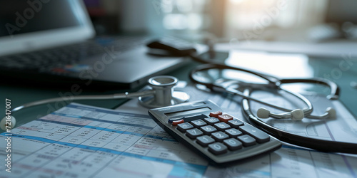 calculator, stethoscope, and medical bills spread out on a doctor's desk, emphasizing the financial aspect of health care, dimly lit office, realistic textures and details photo