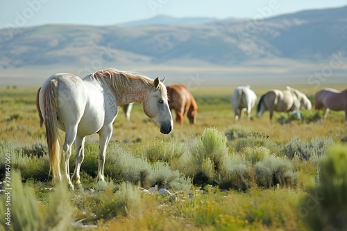 A herd of white and bay horses graze in a green valley among the mountains in summer photo