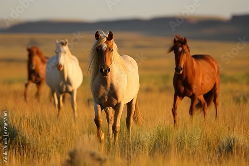 A herd of white and bay horses graze in the autumn steppe near the mountains photo