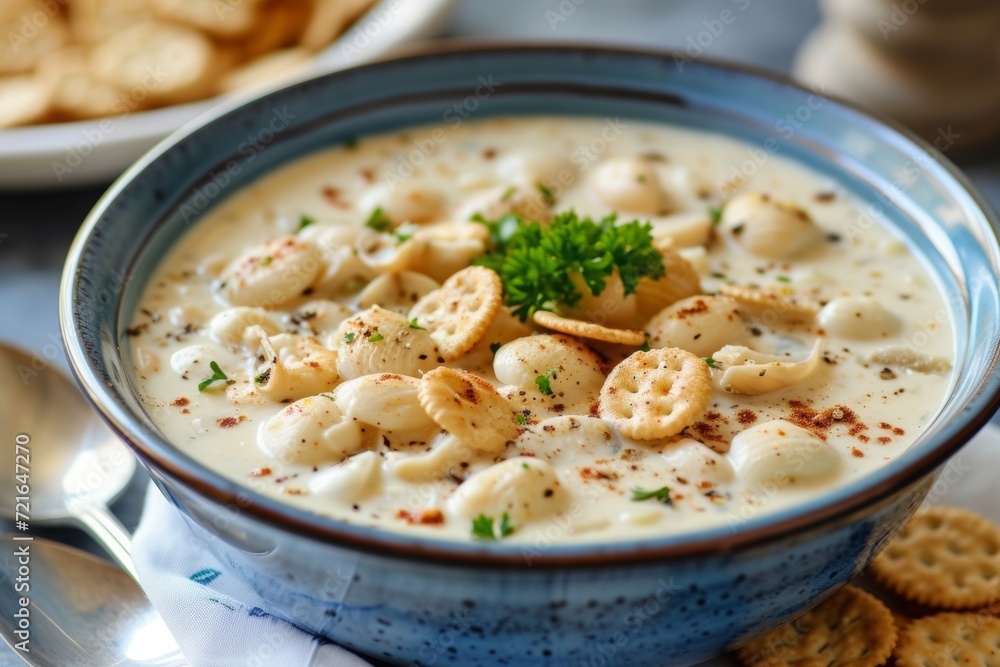 Bowl of Creamy New England Clam Chowder Soup with Oyster Crackers 