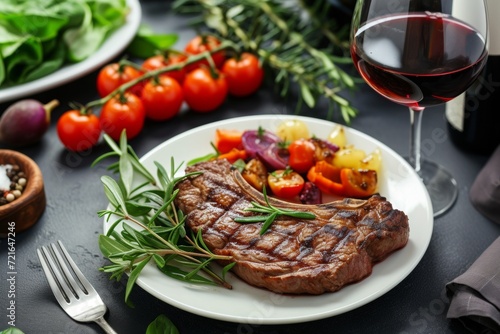 Grilled Steak Dinner with Vegetables and Red Wine