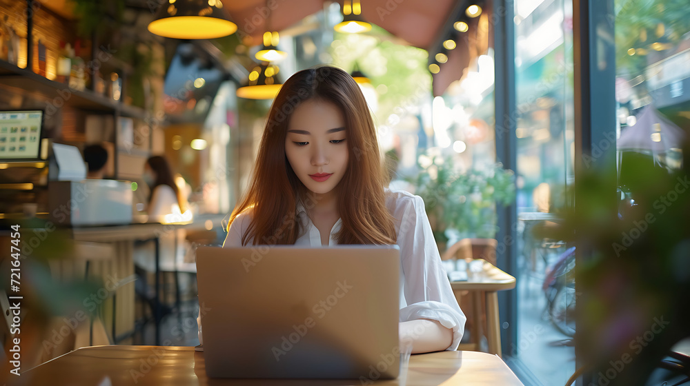 A beautiful brunette woman working on her laptop in the coffee shop A beautiful brunette woman working on her laptop in the coffee shop