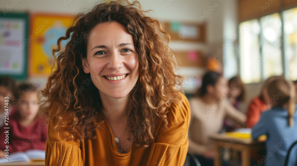 Professional photography of a brunette school teacher with curly hair, children in the background