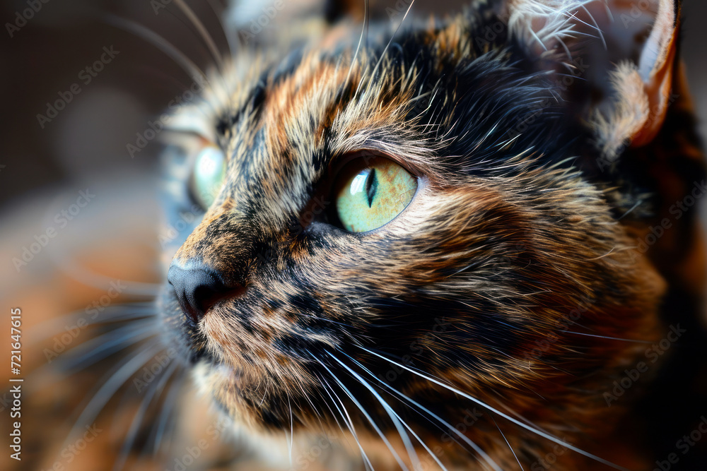 A mesmerizing gaze from a tortoiseshell cat, with vivid eye detail and rich fur patterns