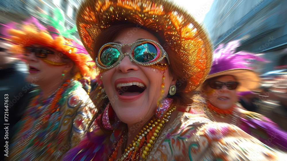Older Female having fun at Mardi Gras style festival - sunglasses - beads - costume Older Female having fun at Mardi Gras style festival - sunglasses - beads - costume