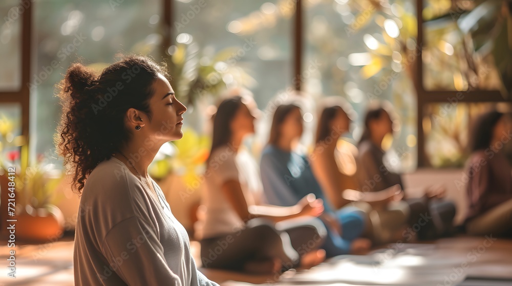 calming mindfulness workshop where participants engage in breathing exercises and stress-relief techniques