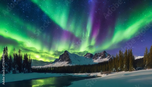 Paysage scandinave avec de belles aurores boréales colorées, spectacle de lumière des aurores boréales dans le ciel photo