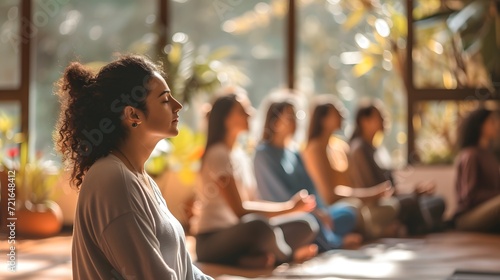 calming mindfulness workshop where participants engage in breathing exercises and stress-relief techniques photo