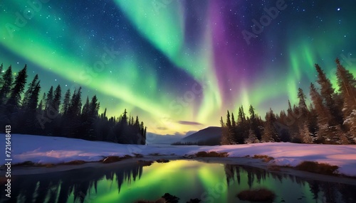 Paysage scandinave avec de belles aurores boréales multicolores, spectacle de lumière des aurores boréales dans le ciel photo