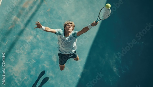 a young man jumping in the air to hit a ball with a racquet