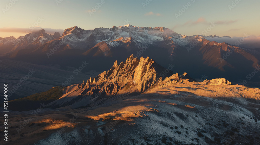 Vista de montanhas na Patagônia sob luz do pôr do sol, criando um clima sereno e majestoso.