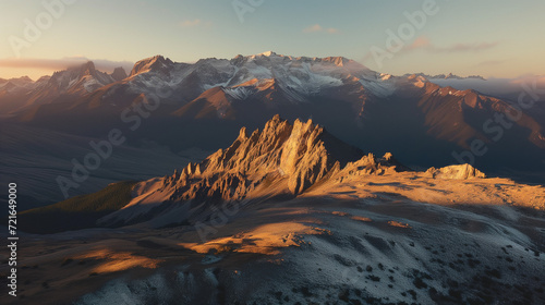 Vista de montanhas na Patagônia sob luz do pôr do sol, criando um clima sereno e majestoso.