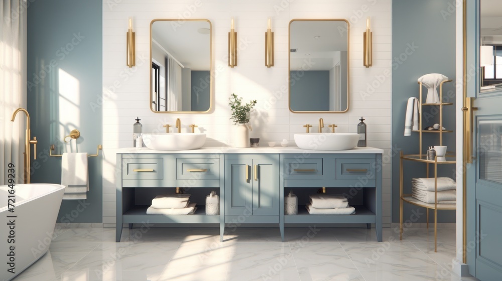 Scenes of a bathroom with a his and hers sink vanity, emphasizing ...