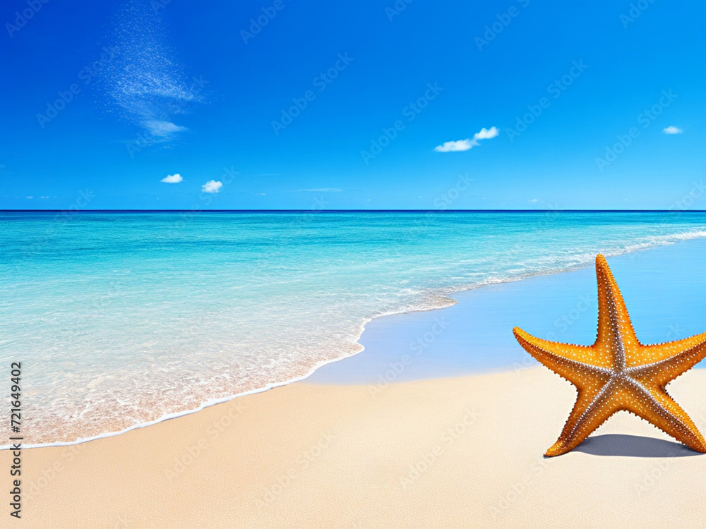 Tropical beach with starfish on island. Ocean coast with turquoise water
Tropical beach with starfish on island. Ocean coast with turquoise water