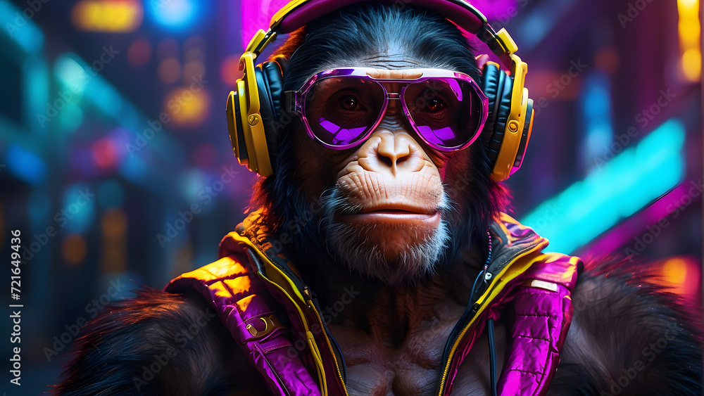  chimpanzee in a neon cyberpunk setting