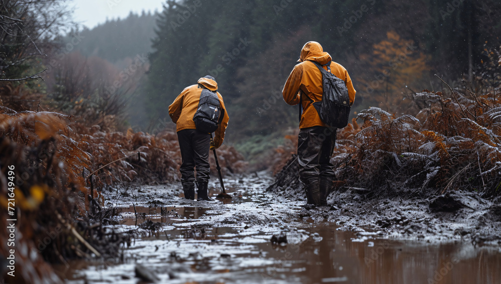 Amidst the winter forest, a group of hikers braves the muddy path, standing tall in their protective clothing as they trek towards the rushing river and towering mountains ahead Amidst the winter forest, a group of hikers braves the muddy path, standing tall in their protective clothing as they trek towards the rushing river and towering mountains ahead