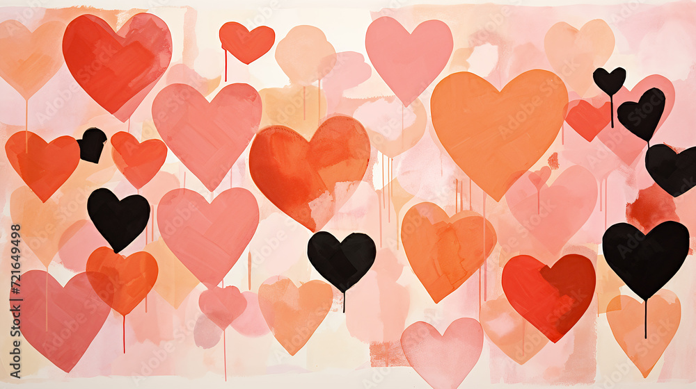 A vivid array of hand-painted hearts in shades of red and pink on a soft background - generative AI