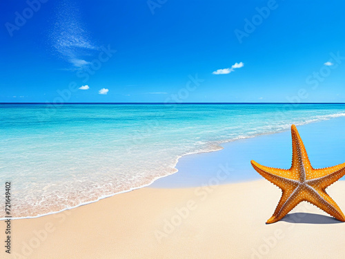 Tropical beach with starfish on island. Ocean coast with turquoise water 