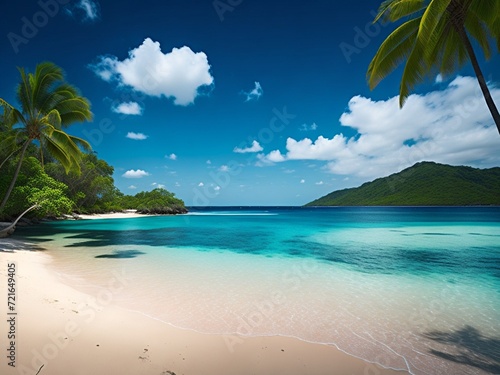 Tropical paradise beach with white sand, turquoise water and palm trees