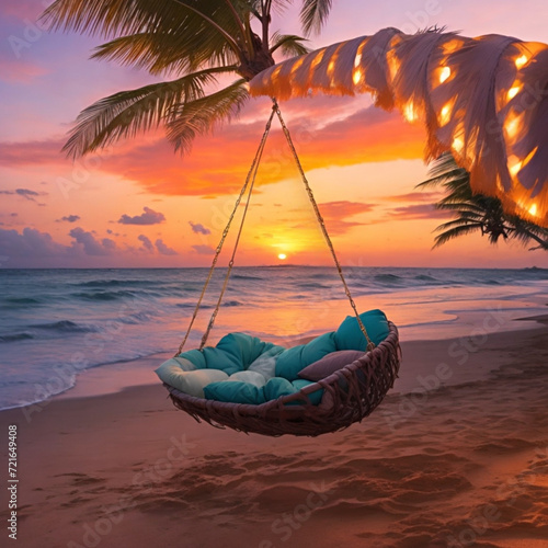 Swing or hammock in tropical beach at sunset