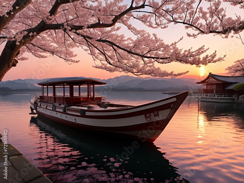 Lake with boat and blossoming sakura at sunrise in Japan. Spring landscape 