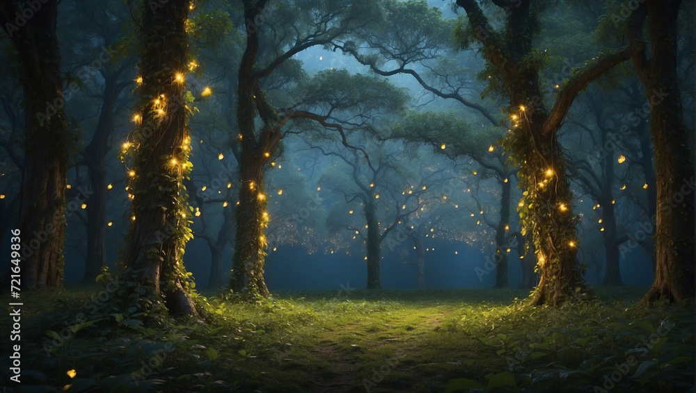 Fototapeta premium Picture towering trees draped in luminescent vines, casting an otherworldly glow
