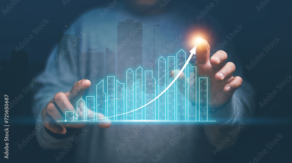 Real estate investment marketing analysis, Concept of business prosperity and asset management, Man pointing graphic of analyzed graph of business growth, Planning to increase profits of business. - obrazy, fototapety, plakaty 