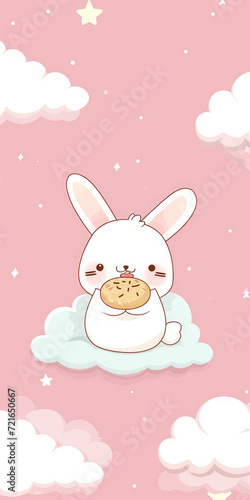 kawai cute little bunny eating food with cloud pink background 