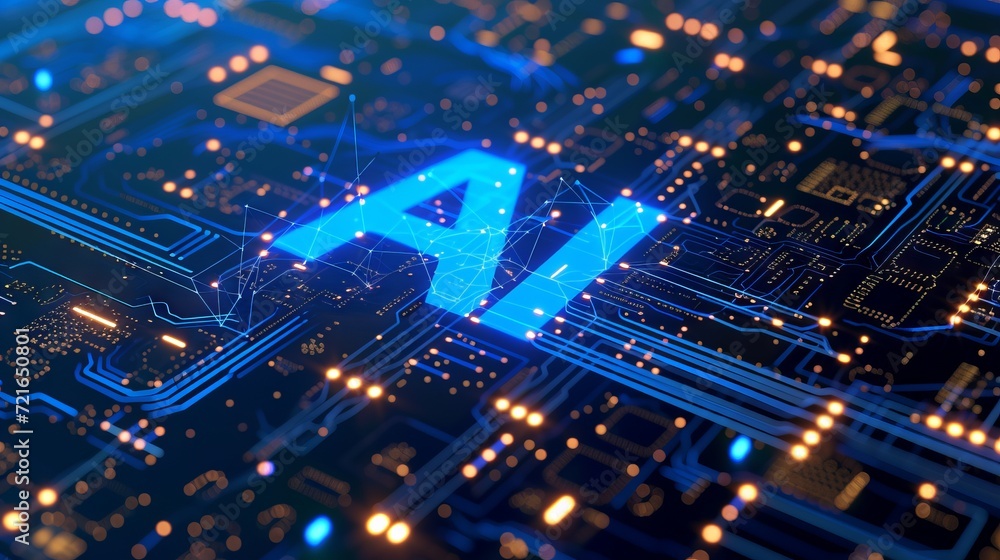 AI Concept: Futuristic Word on Blue Circuit Board in Vray Tracing Style AI Concept: Futuristic Word on Blue Circuit Board in Vray Tracing Style