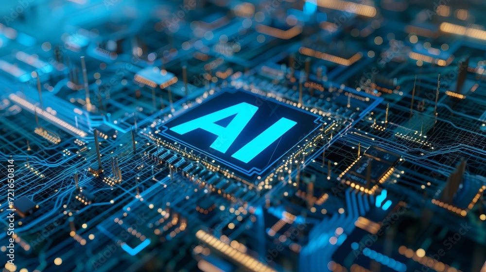 AI Concept: Word Imprinted on Elaborate Blue Circuit Board with Vray Tracing Style Grid Design AI Concept: Word Imprinted on Elaborate Blue Circuit Board with Vray Tracing Style Grid Design