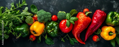 Vibrant Vegetable Assortment on Dark Green and Black Background with Copy Space - 32K UHD Environmental Portrait Setting, Featuring Paleocore Aesthetics and Eco-Friendly Recycled Murals photo