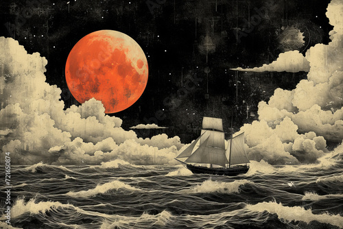 Ship sailing in the ocean on the night of a blood moon, digital illustration photo