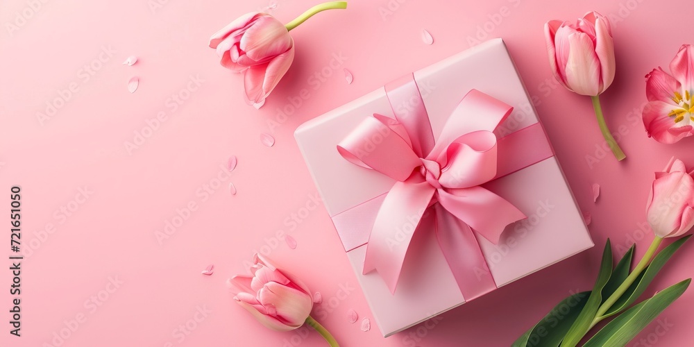 Charming Pink Gift with Elegant Ribbon Bow and Tulips - Perfect for Mother's Day Celebration or Women's Special Day Concept, Top View Image Charming Pink Gift with Elegant Ribbon Bow and Tulips - Perfect for Mother's Day Celebration or Women's Special Day Concept, Top View Image
