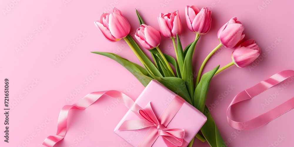 Elegant Pink Gift Box with Ribbon and Spring Tulip Bouquet - Mother's Day Celebration Concept