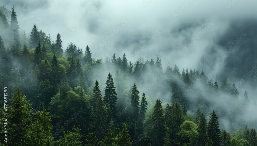 Fototapeta premium Tranquil Alpine Retreat: Lost in the Foggy Forest of Alpine Trees, Embracing the Mystical Atmosphere of the Mountain Wilderness.