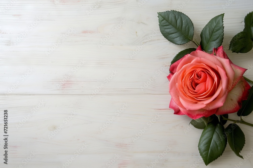 Elegant Rose Flatlay with Copy Space on Pastel Wooden Background