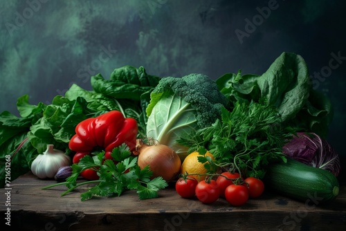 Artistic Harvest: Vibrant Vegetable Assortment on Wooden Board - Large-Scale Grocery-Inspired Canvas with Dark Green Backdrop by Caras Ionut photo