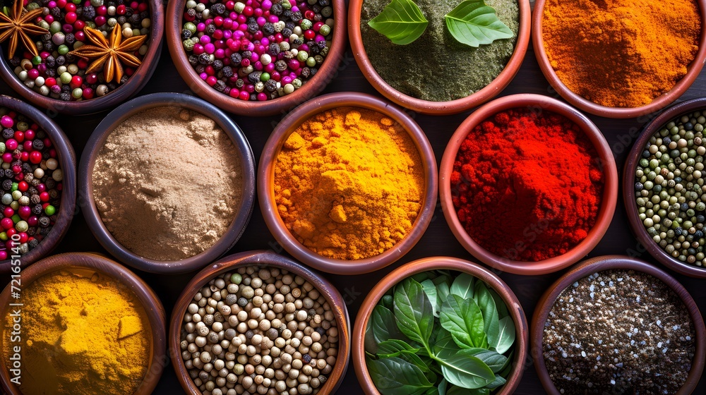 exotic spices arranged in small bowls, representing the diverse flavors and aromas of international cuisine exotic spices arranged in small bowls, representing the diverse flavors and aromas of international cuisine