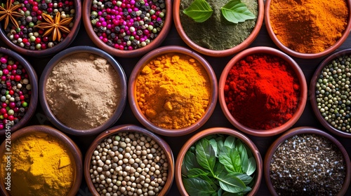 exotic spices arranged in small bowls, representing the diverse flavors and aromas of international cuisine photo