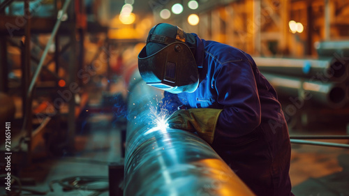 A man welds seams on a pipe at a factory.
