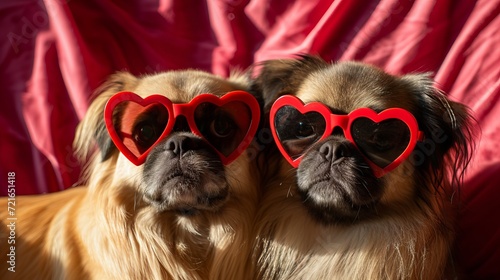Canine Charmers: Heart-Sunglass Duo in Emotive Collage - Dignified Poses Captured on Light Brown and Crimson Shaped Canvas via Telephoto Lens photo
