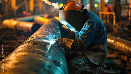 A man welds seams on a pipe at a factory.