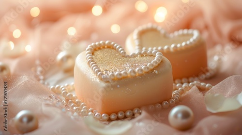 Valentine's Elegance: Heart-Shaped Cake and Pearls on a Modern Beige Textured Mat with Golden Hues