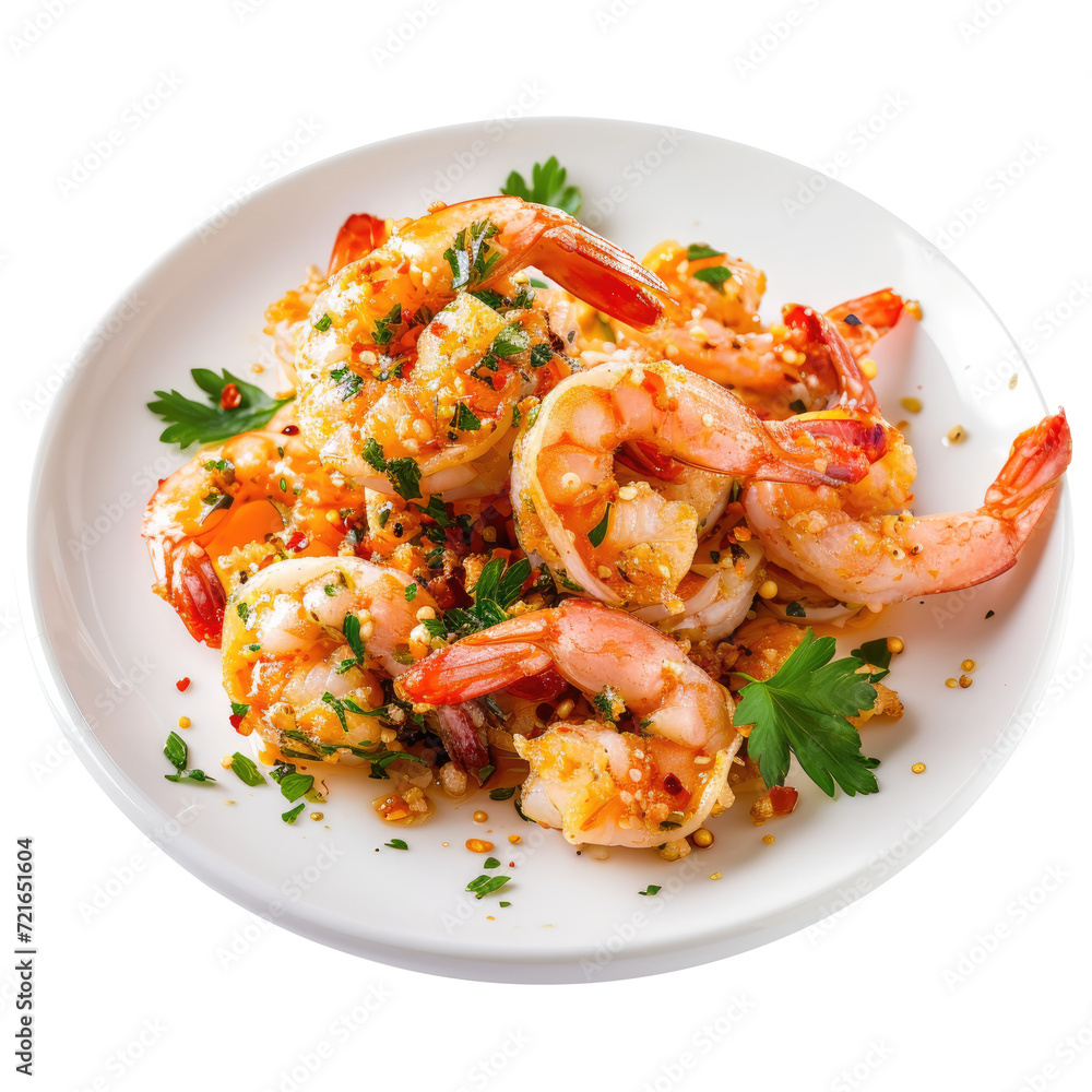 Fried shrimps or prawns with garlic on white plate - Transparent background Fried shrimps or prawns with garlic on white plate - Transparent background