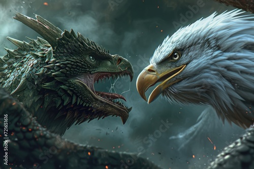 Step into the World of Fantasy with a Face-to-Face Roaring Battle Between a Dragon and Eagle, Where Majestic Wings and Fierce Roars Echo in a Mythical Clash. photo