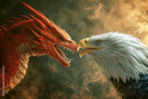 Step into the World of Fantasy with a Face-to-Face Roaring Battle Between a Dragon and Eagle, Where Majestic Wings and Fierce Roars Echo in a Mythical Clash. photo